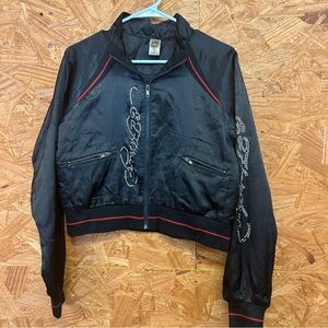 Y2K Ed Hardy Black and Red Embellished Bomber Jacket - Size M